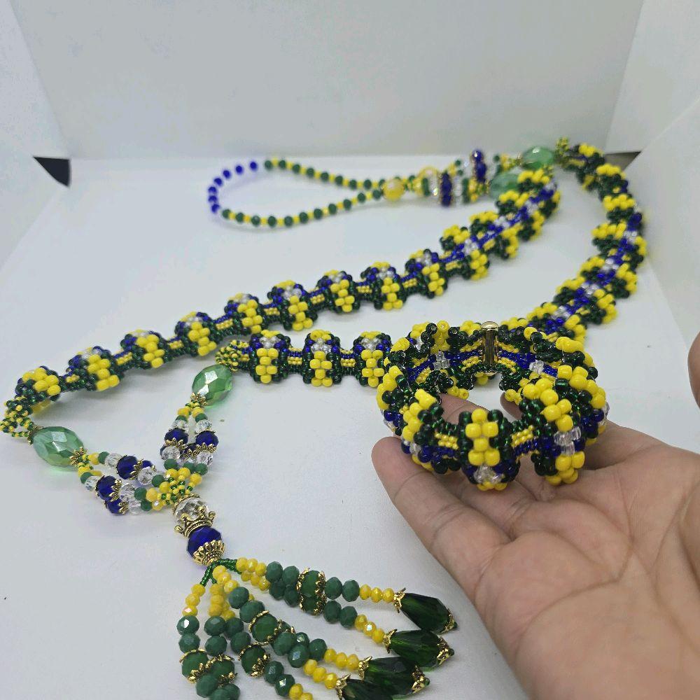 Orisha Orula-Orunmila Set de Pulsera y Collar with Green Beads, Yellow Accents, and Elegant Design - Imagen 9