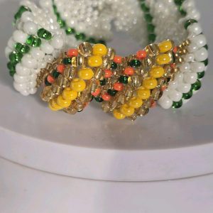 Pulsera Religion Yoruba Obatala Alaguema Con Oshun Ololodi Beaded Bracelet with Green, White, Beige, and Yellow Beads