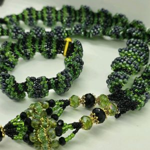Orisha Oggun Beaded Necklace & Bracelet Set Green Black Beads with Gold Accents Handcrafted Jewelry Jewelry Sets