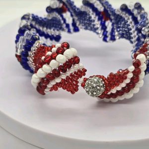 Pulsera Orisha Yemaya Ocute Bracelet with Red Beads and Decorative Elements in Blue and White