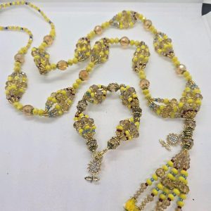 Orisha Oshun Avatares of Yellow Beaded Bracelet and Necklace with Gold Accents